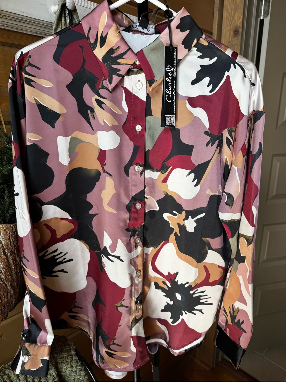 CHARLIE B women’s Flowery Printed Button-Down Shirt - Burgundy, Black, Cream
